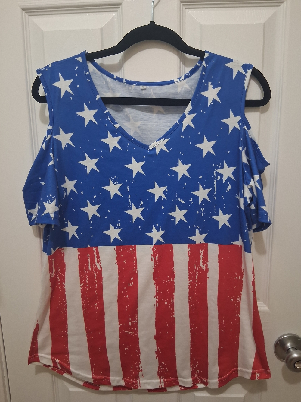 Patriotic Stars & Stripes Cold-Shoulder Top, Blue/Red/White
